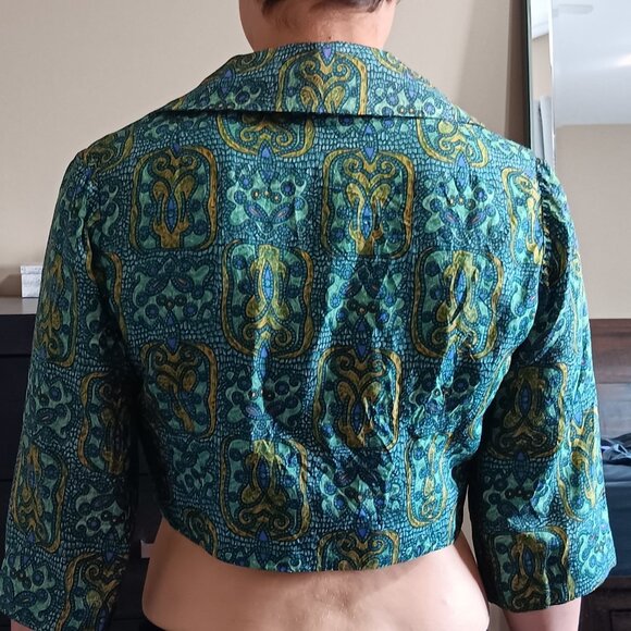 Vintage Green Yellow Blue Patterned Cropped Shirt Top Notched Collar Home Made - Picture 2 of 2